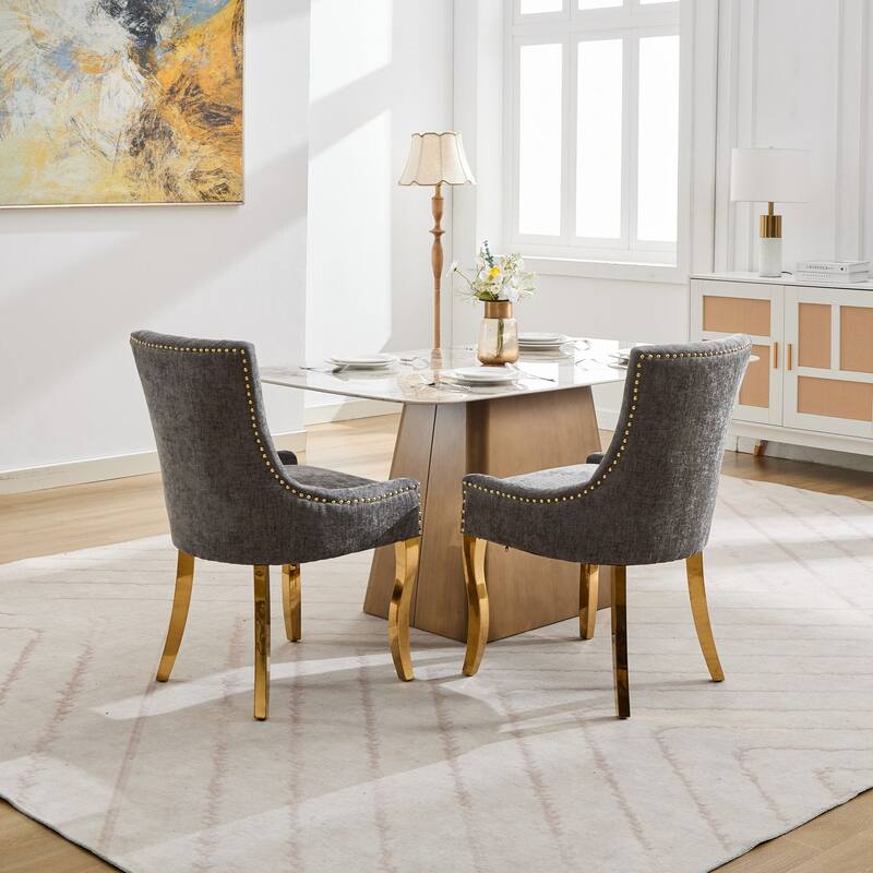 Chenille Dining Chairs,Curved Gold - Plated Legs & Rivet Trim,Accent Seating With Textured Fabric&One-Piece Structure,Set Of 2