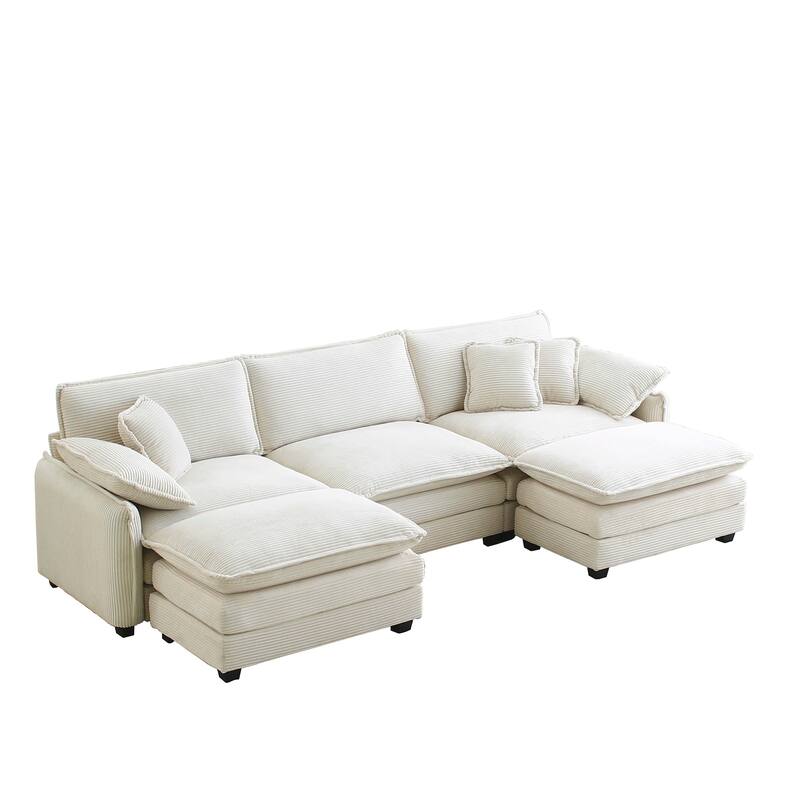 Beige 5-piece Corduroy Upholstered U-Shaped Modular Sectional Sofa with 2 Removable Ottoman, 5 Pillows, and Free Combination