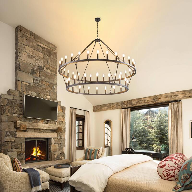 48 - Light Candle Dimmable Two Tiers Wagon Wheel Chandelier--47.09 inch - Black