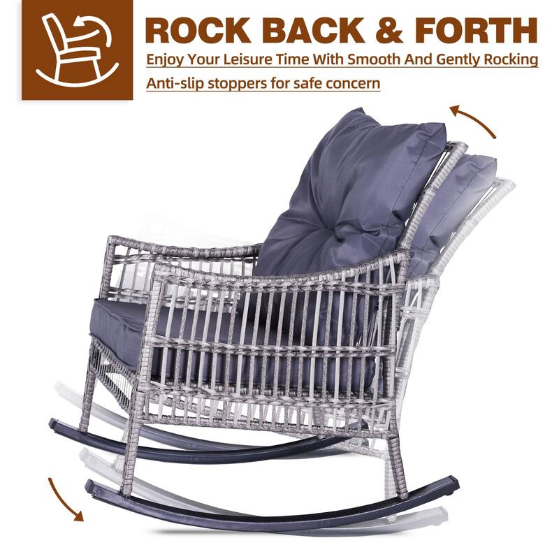 VEIKOUS 3-Piece Outdoor Wicker Patio Porch Rocking Chair and Rattan Coffee Table Set with Cushions and Pillows