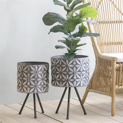 Set of 2 Metal Round Galvanized Grey Farmhouse Planter