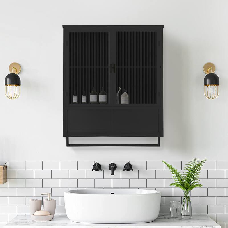 Glass Doors Modern 2-door Wall Cabinet Featuring 2-tier Enclosed Storage, Open Shelf, and Towel Rack - Black