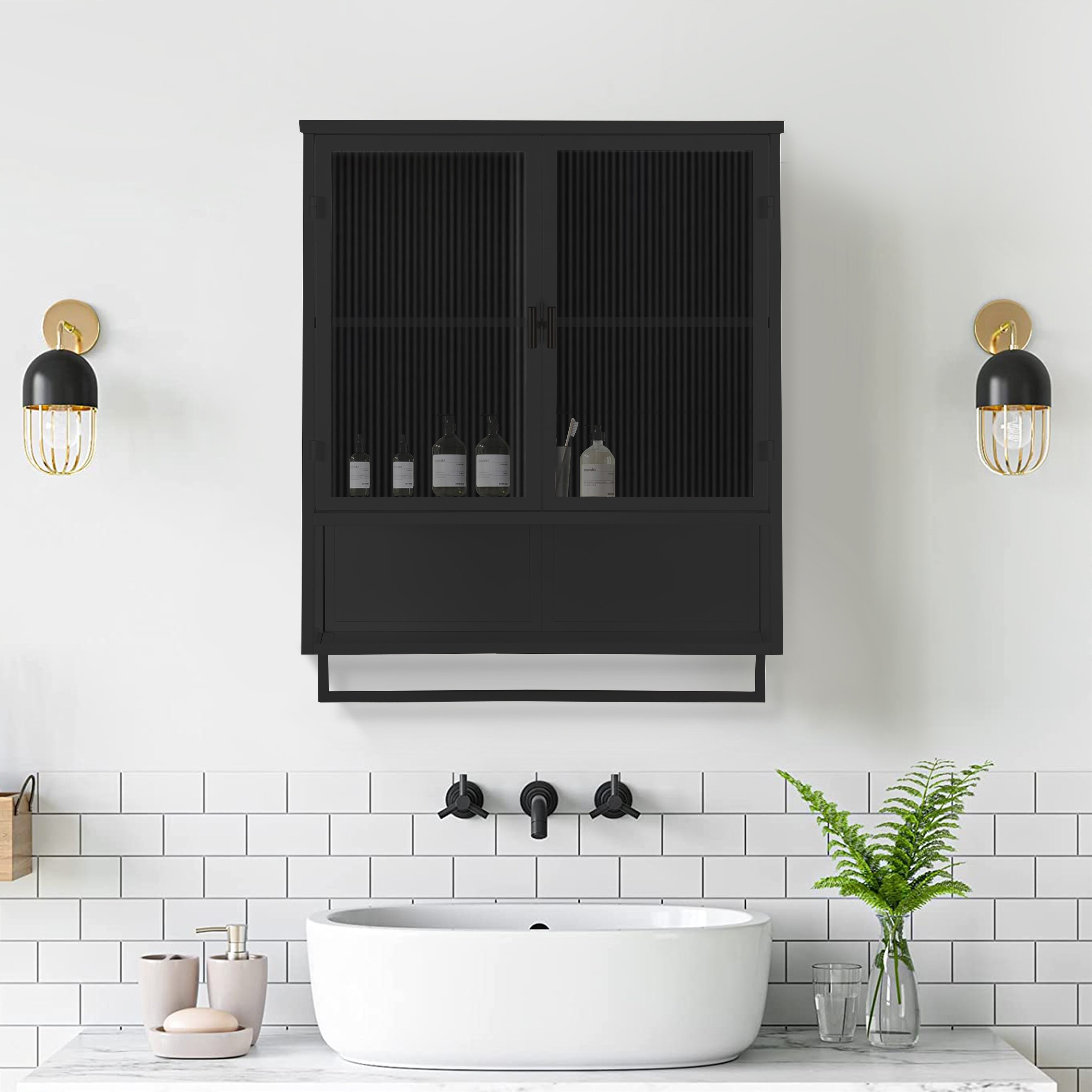 Black bathroom wall cabinet with towel bar clearance