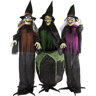 Haunted Hill Farm Life-Size Animatronic Witches, Indoor/Outdoor Halloween Decoration, Light-up Eyes, Poseable