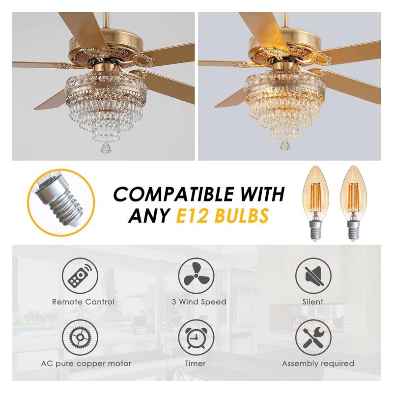 52 Inches AC Motor Crystal Ceiling Fan Fandelier with Lights,For Bedroom,Kitchen,Patio,Remote or Wall Control - 52 Inches