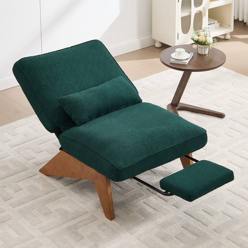 HOMEFUN Upholstered Modern Multi-Position Adjustable Wooden Base Lounge Chair with Footrest and Lumbar Pillow - Emerald-Circle Pile