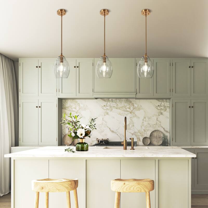 Mid-century Modern Gold 1-Light Bell Shaped Clear Glass Single Pendant Kitchen Island Lights - D 8'' x H 12''
