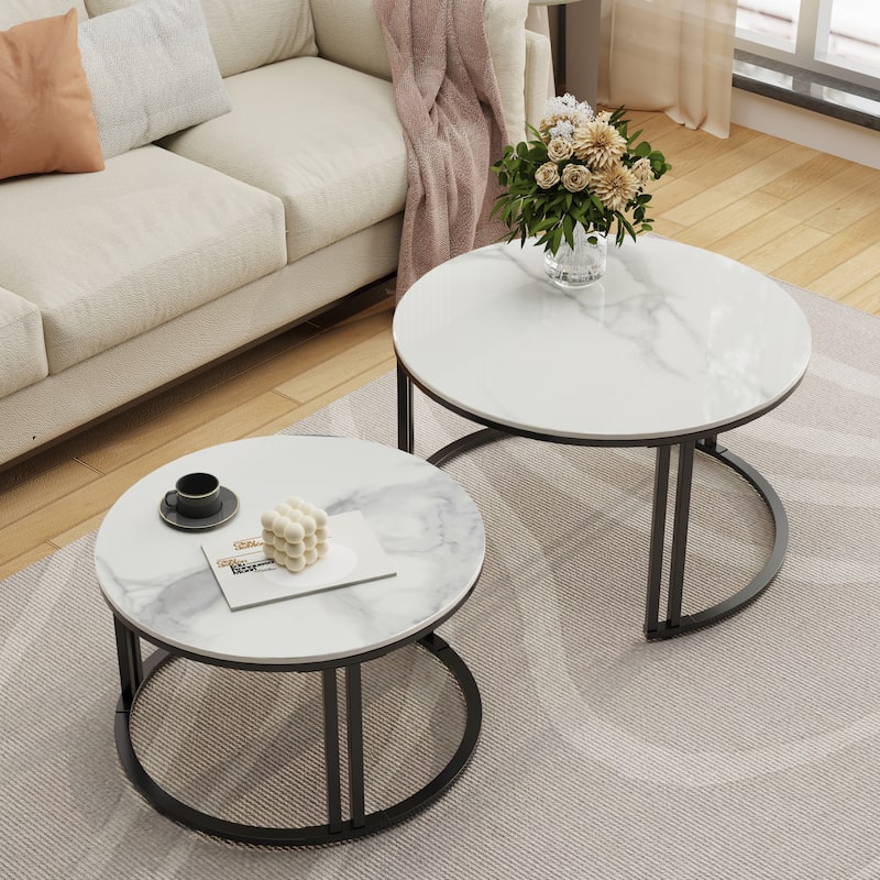 2X Round Nested Coffee Table Sintered Stone Top Metal Tables - 27”x16”