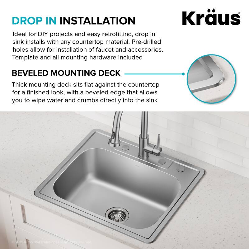 KRAUS Premier Drop In Top Mount 18 gauge Stainless Steel Kitchen Sink
