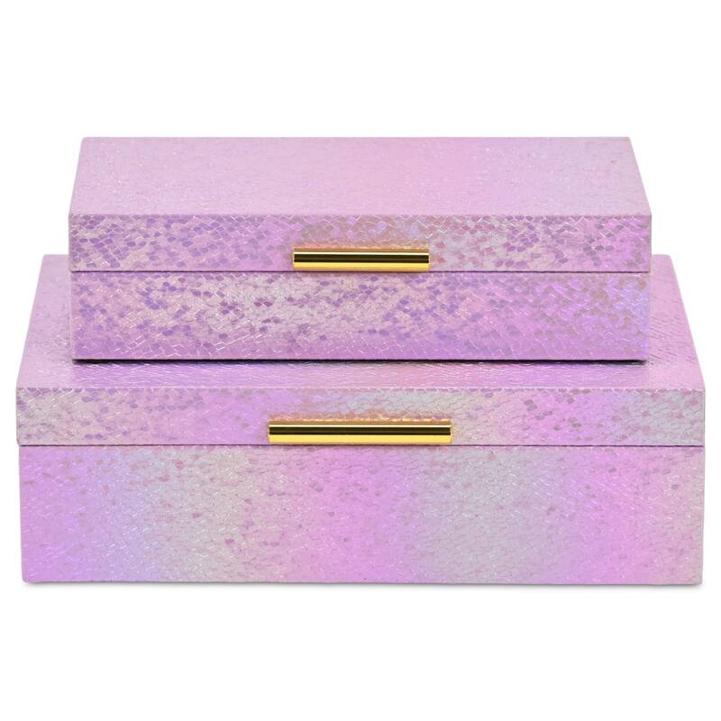 Nimue Set of 2 Rectangular Decorative Storage Boxes - Prismatic Fish Scale Pattern with Gold Hardware