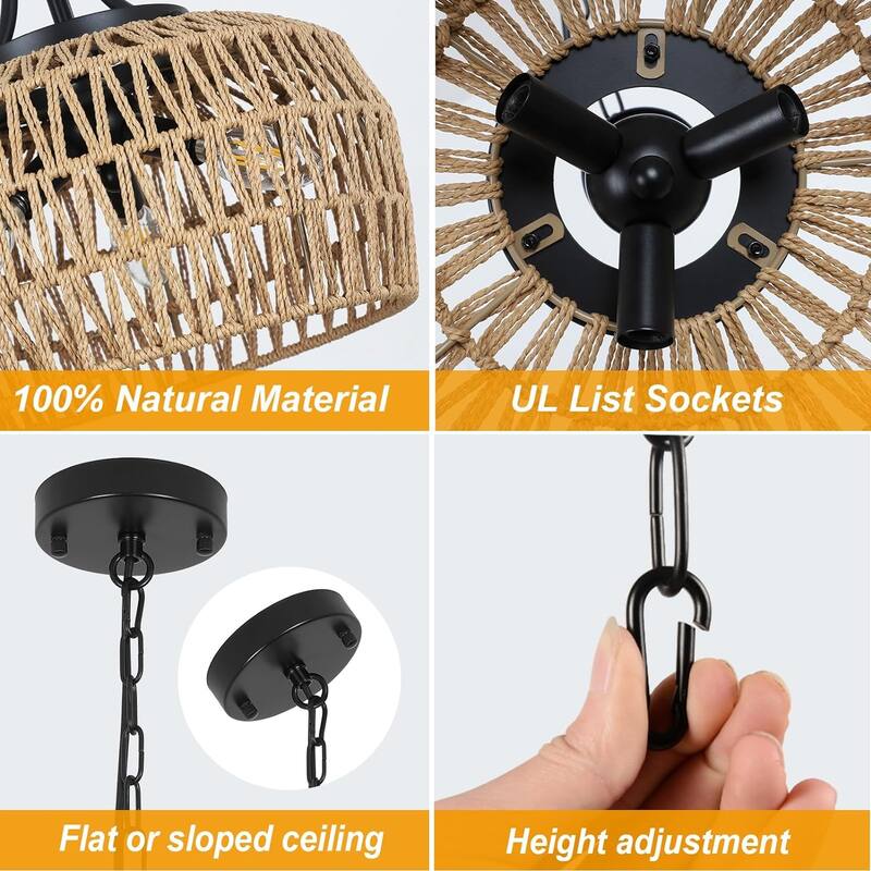 Farmhouse Chandelier for Dining Room, 3-Light Rattan Chandelier Light Fixture Ceiling Hanging with Woven Lampshade