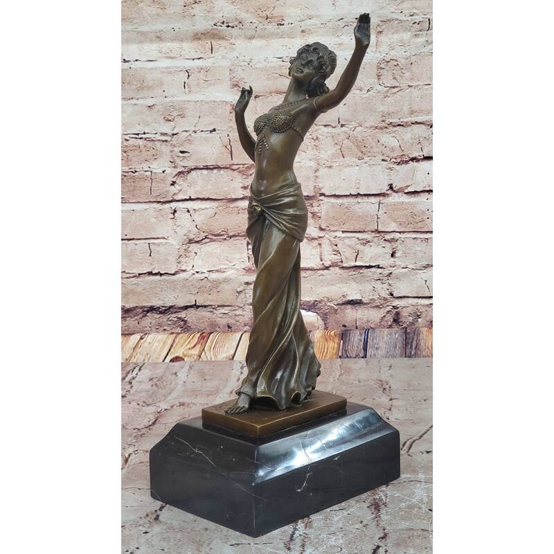 Art Deco Bronze Dancing Woman Sculpture On Marble Base Elegant Figurine