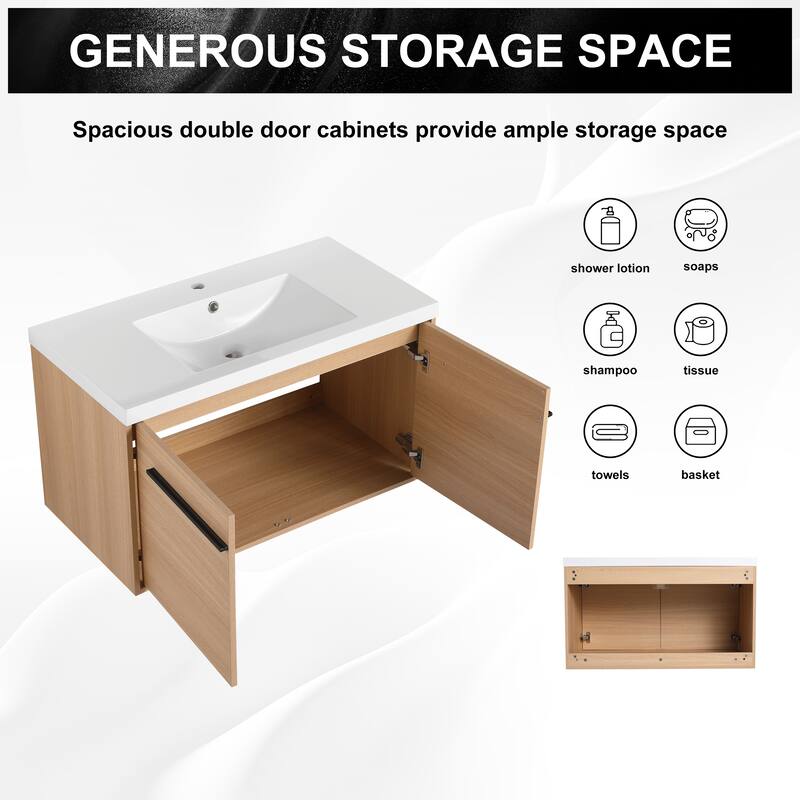 GDFStudio - Levistar Modern Wall-Mounted Bathroom Vanity Set with Scratch-Resistant Resin Sink & Soft Close Doors