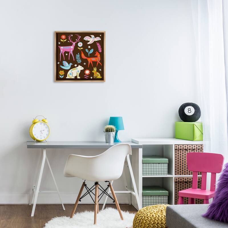 Stupell Forest Folk Animals with Florals Framed Floater Canvas Wall Art Design By Hannah Moren
