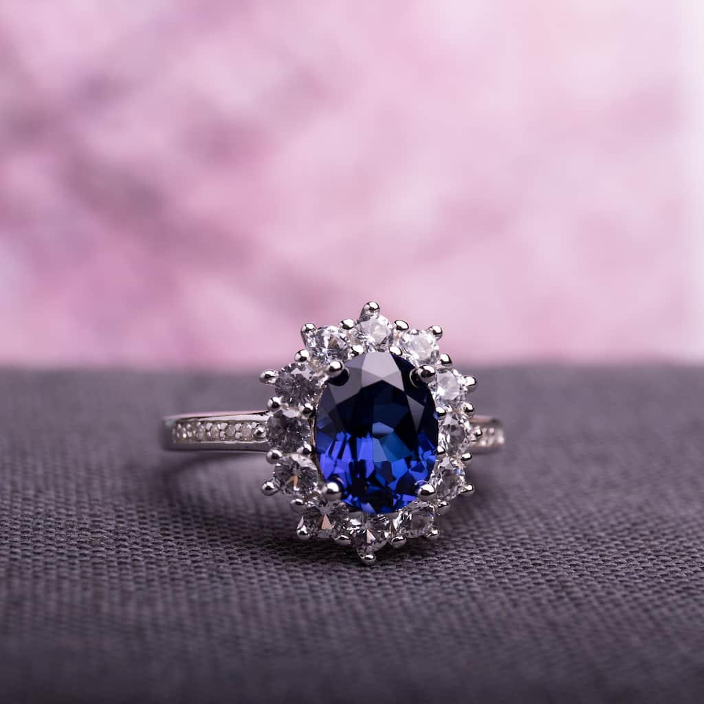 Miadora 4ct TGW Created Blue and White Sapphire Diamond Halo Ring Sterling Silver