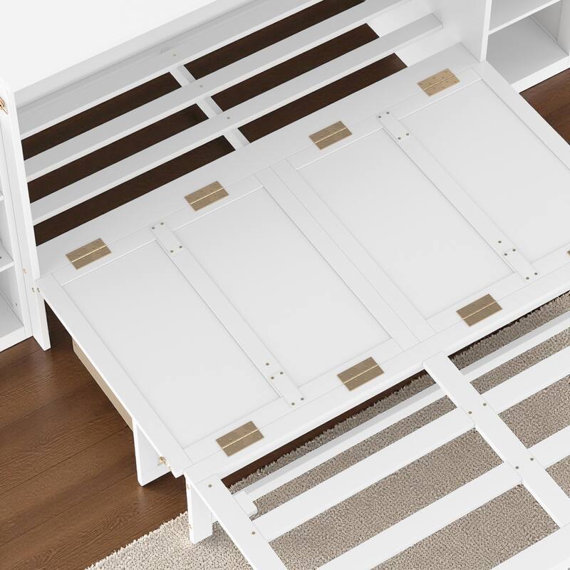 Full/Queen Size Murphy Bed with Storage Drawers and Shelves, Space-Saving Foldable Wall Bed for Guest Room