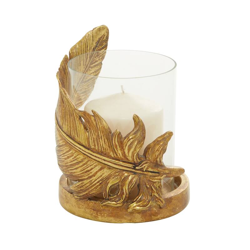 Gold Glass Feather Pillar Bird Hurricane Lamp - 5 x 5 x 8