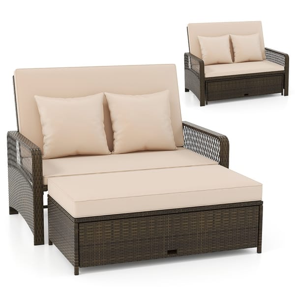 slide 2 of 20, Gymax Patio Rattan Daybed Wicker Loveseat Sofa w/ Multifunctional Assembly Required