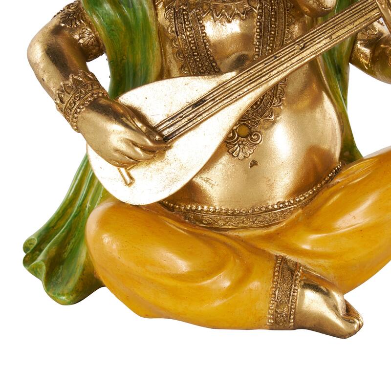 Gold Resin Musician Ganesh Decorative Sculpture with Green, Yellow, and Red Accents