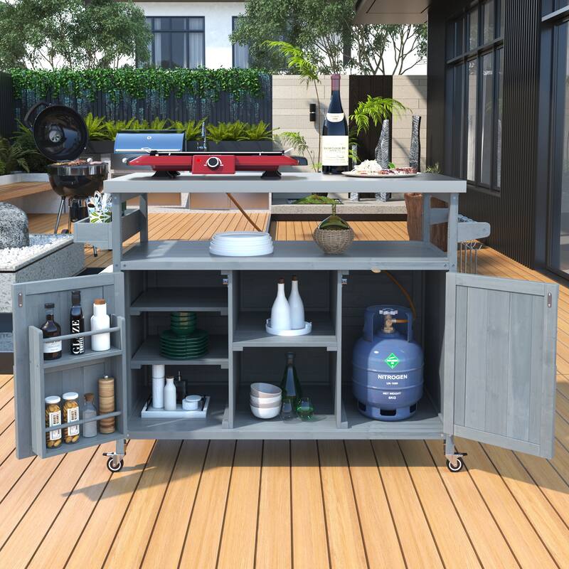 Chichoice Farmhouse Outdoor Kitchen Island with Stainless Steel Top on Wheels - Rolling Grill Cart with Storage for BBQ - N/A