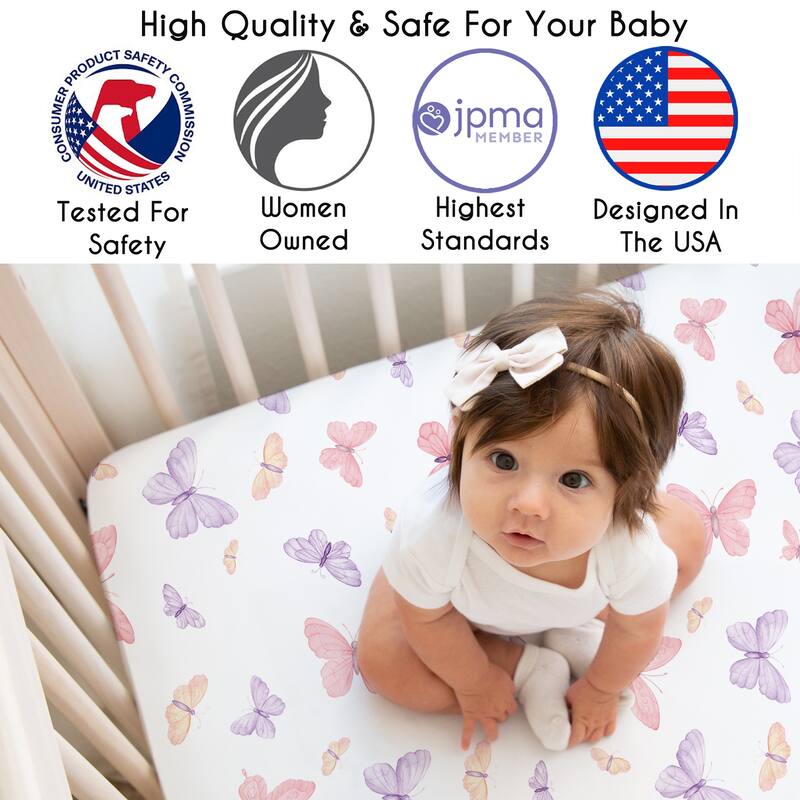 Sweet Jojo Designs Pink/Purple Shabby Chic Butterfly Girl Fitted Mini Portable Crib Sheet Colorful Butterflies Pastel Watercolor