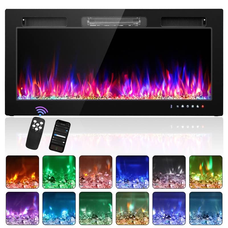 30/36/42/50/60 Inch Wall-Mounted/Built-in Electric Fireplace with WIFI Function and 12 Color Adjustable Flames - 42-inch