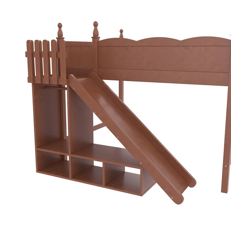 Queen Loft Bed with Storage Shelves and Wardrobe, Solid Wood Loft Beds with Detachable Slide and Ladders, No Spring Box Needed
