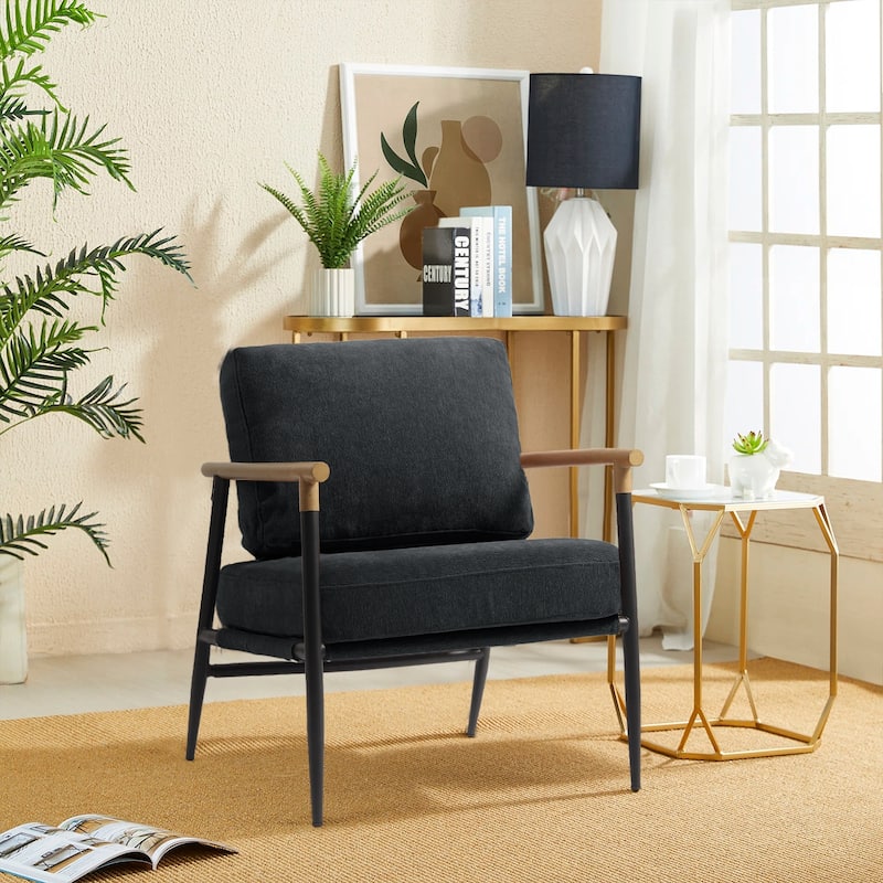 Madison 27'' Wide Vegan Leather/ Chenille Metal Frame Accent Chair - Black