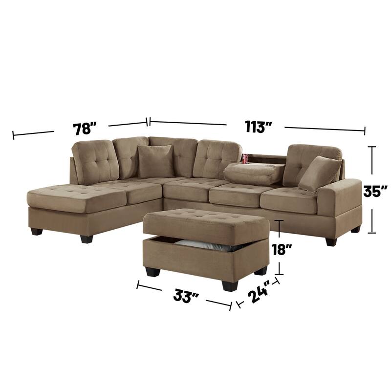 3 Piece Plush Microfiber Sectional with Ottoman