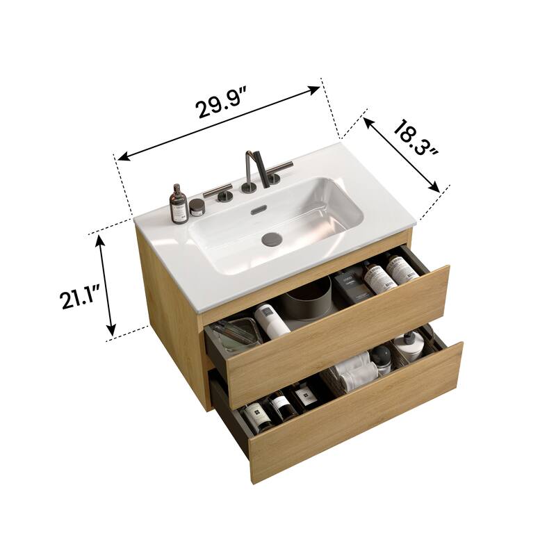 GDFStudio - Coralie Modern Floating Bathroom Vanity with Integrated Ceramic Sink and Soft-Close Storage