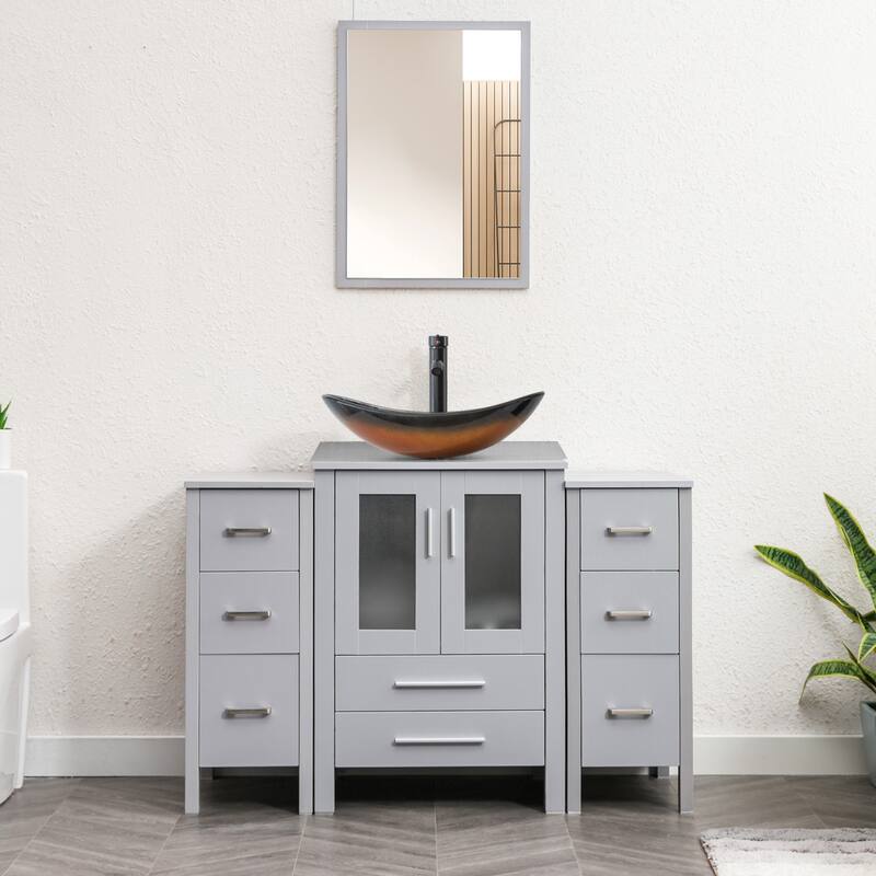 48" Bathroom Vanity Set Vessel Sink Faucet W/ Small Cabinet Combo - Glass brown boat sink - Grey