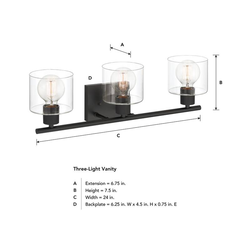 Vibrato 24 in. 3-Light Matte Black Transitional Vanity Light with Clear Glass Shades