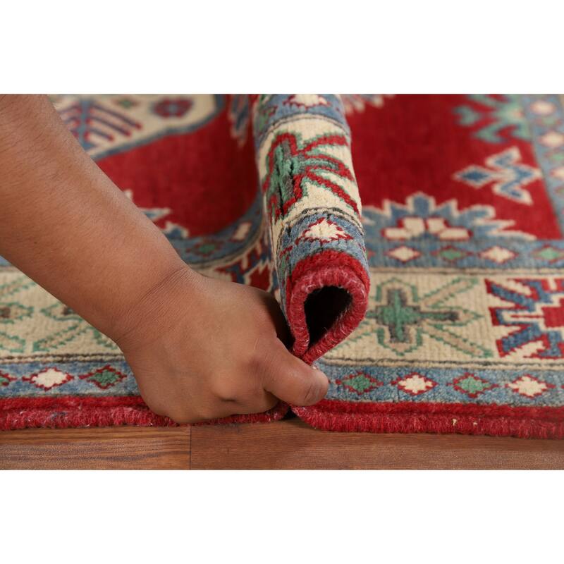 Red Kazak Oriental Accent Rug Hand-Knotted Geometric Wool Carpet - 3'4" x 4'11"