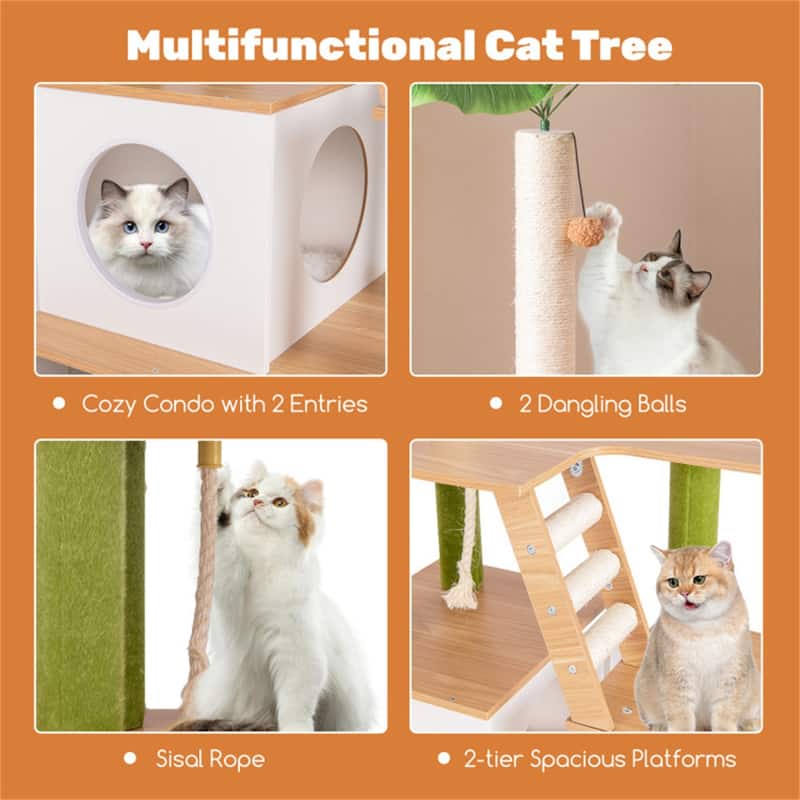 Cat Tree with Cabinet & Condo, Scratching Posts, Interactive Toys & Odor-Free Enclosure - 31.5" x 19" x 69"