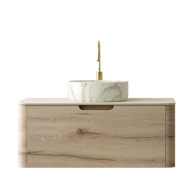 Floating Bathroom Vanity with Round Sink, Wall-Mounted Bathroom Storage Cabinet with Roma Travertine-Pattern Sintered Stone Top