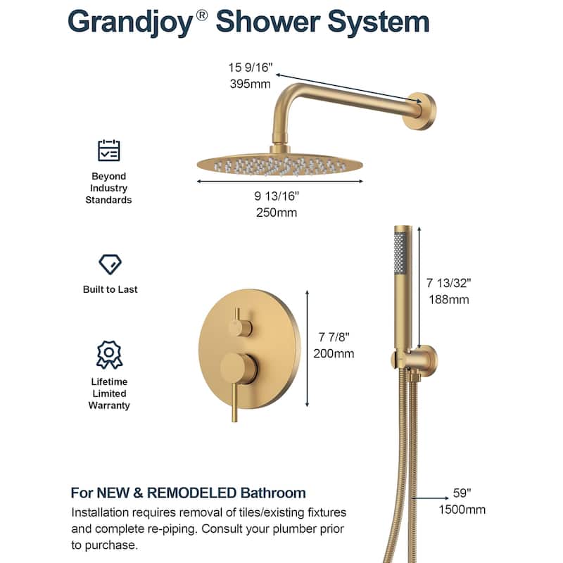 GRANDJOY Wall Mounted Shower System 10" Rainfall Shower Head with Handheld Spray