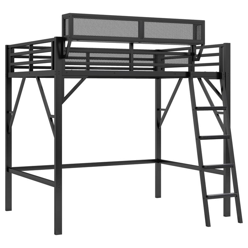 Full Size Metal Loft Bed with Ladder and Storage Shelves for Kids and Teens, Black