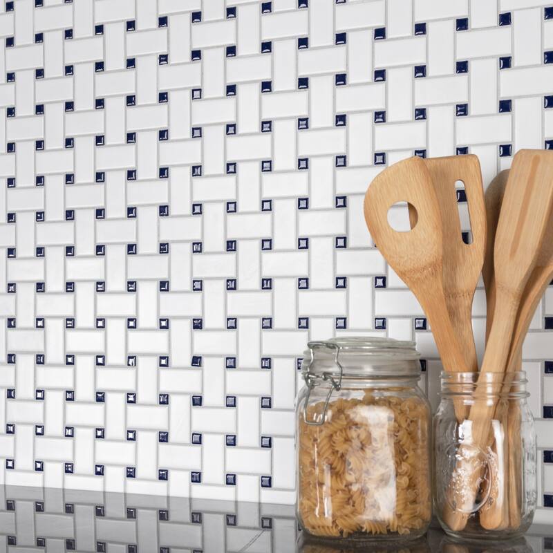 Merola Tile Metro Basketweave White w/ Glossy Cobalt Dot 11-3/4" x 11-3/4" Porcelain Mosaic Floor and Wall Tile