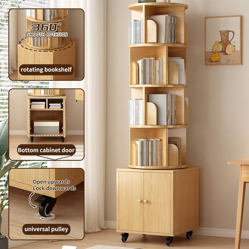 360 Degree Display 5 Tier Corner Bookshelf with Drawer, Floor Standing Bookcase Storage Rack, Wood Narrow Book Shelf Organizer