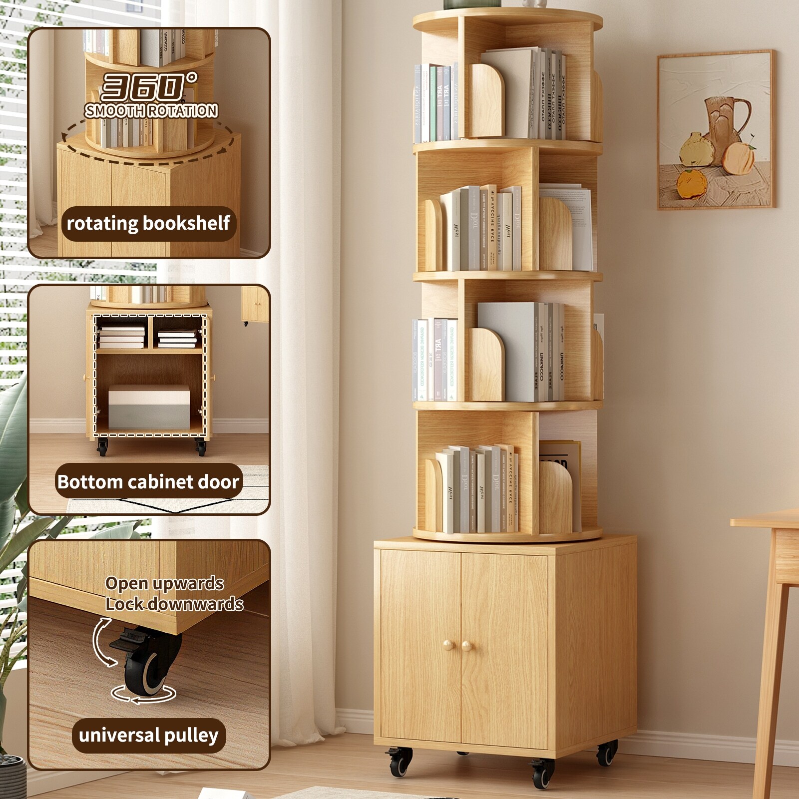 360 Degree Display 5 Tier Corner Bookshelf with Drawer, Floor