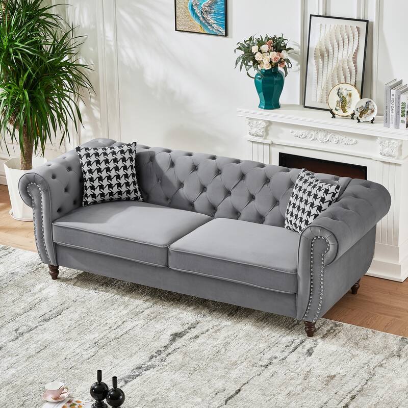 Chesterfield Upholstered 3 Seater Sofa, Velvet Fabric Sofa with Nailhead & Roll Armrest, Lounge Sofa with Solid Wood Frame‌
