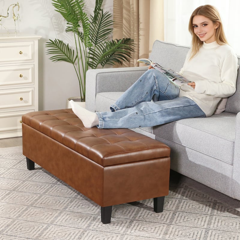 Adeco Faux Leather Storage Ottoman Bench for Living Room