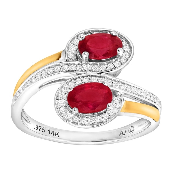 1 1/8 ct Natural Ruby & 1/5 ct Diamond Bypass Ring in Sterling Silver & 14K Gold