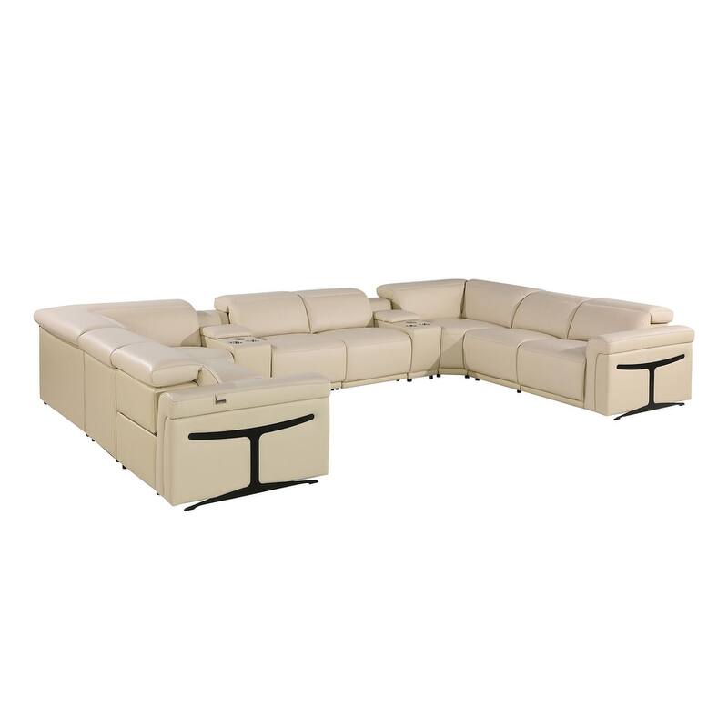 HomeRoots Beige Italian Leather Power Reclining U Shaped Ten Piece Corner Sectional With Console