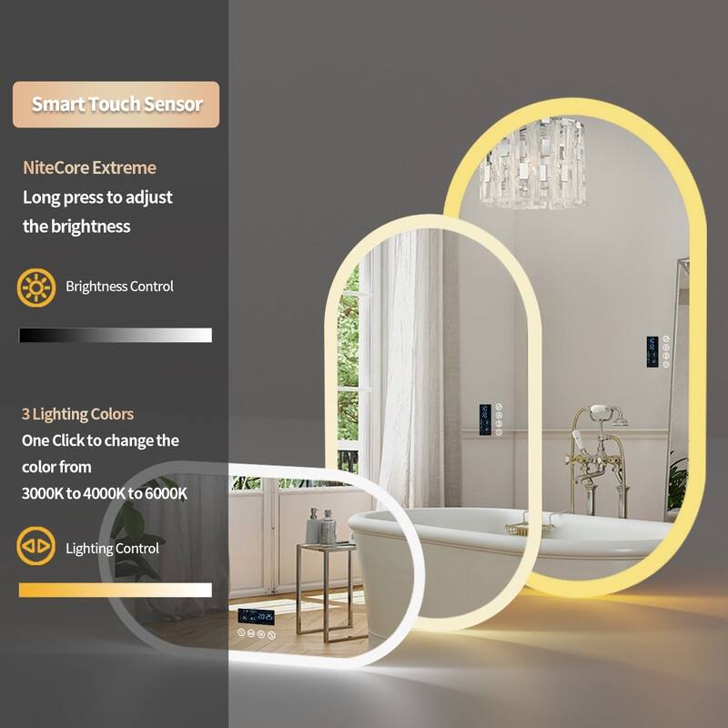Oval LED Bathroom Mirror with Lights, Anti-Fog, Bluetooth Speaker, 3 Colors, Dimmable, Memory