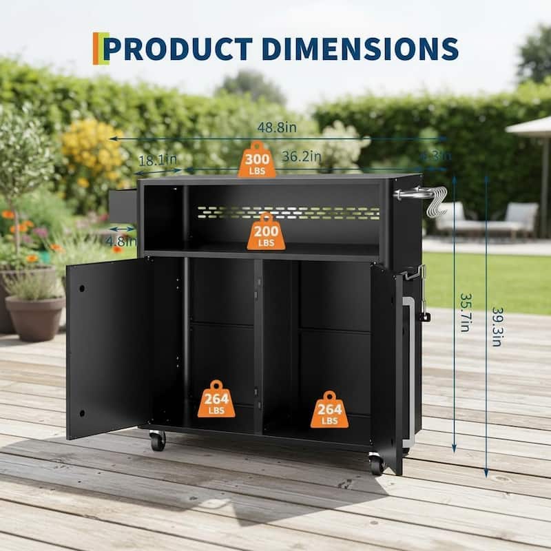 Black Outdoor Grill Cart, with Wheels