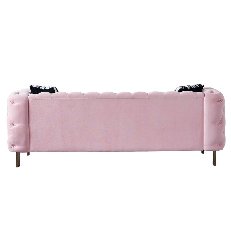 Velvet Tufted Sofa with Gold Metal Legs & Toss Pillows - 84" Width
