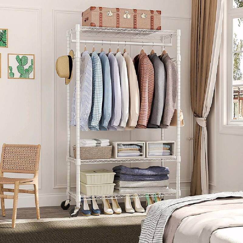Heavy Duty Rolling Garment Rack with Wheels, 3-Tier Adjustable Wire Shelving, Clothes Rack with Rods & Side Hooks