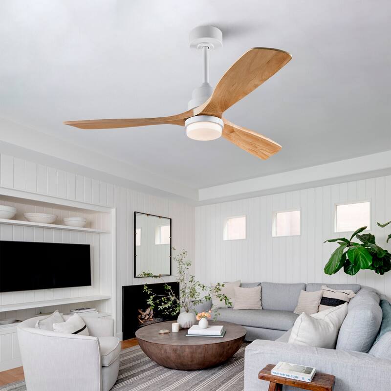 52 Inch Indoor Ceiling Fan With Dimmable LED Light 3 Solid Wood Blades Remote Control Reversible DC Motor - Oak Natural Wood + Antique White