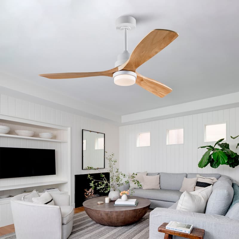 52 Inch Modern Ceiling Fan with LED Light, 3 Solid Wood Blades, Remote Control (3-Color Dimmable & Reversible) - Oak Natural Wood + Antique White